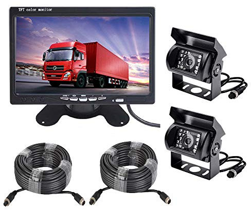 Vehicle Backup Camera and 7 inch Screen Monitor Kit,2 x IR Night Vision Reverse Rear View Camera System with 4 Pin 15m 20m Cable for RV Truck Trailer Bus Camper Motorhome