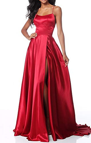 Lecureler Long Satin Spaghetti Strap Prom Dress Red Size 14
