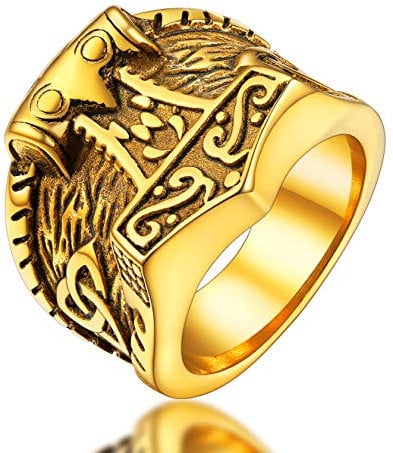 FaithHeart Womans Viking Ring Size T 1/2 Vintage Nordic Band Thors Hammer Thumb Rings for Ladies Gold Stainless Steel Amulet Ring for Her