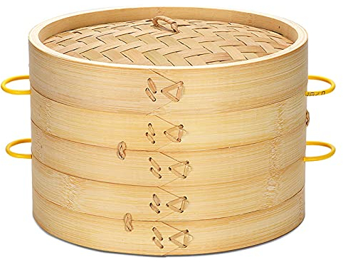 Natural Bamboo Steamer Basket, 2 Tier Chinese Food Steamer with Handle and Lid for Cooking Dim Sum, Dumplings, Chicken,28cm