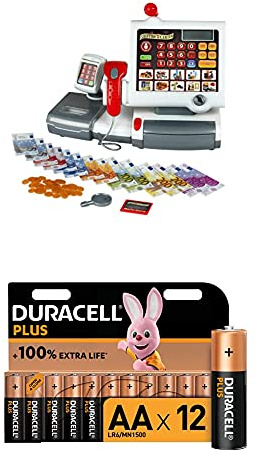Theo Klein Kasse I Mit Folientastatur, Rechnerfunktion, Bezahlterminal samt Scanner und Waage mit Licht- und Soundfunktion + Spielgeld und Duracell Plus AA Alkaline-Batterien, 12er Pack