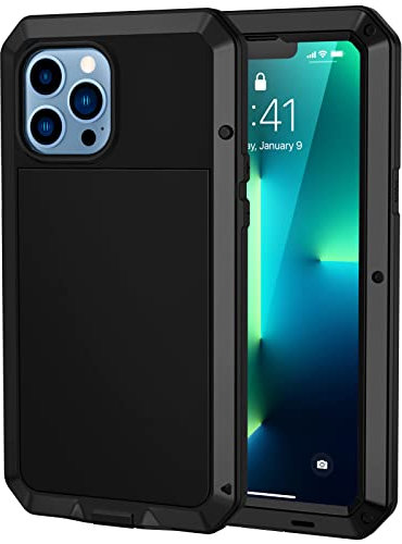 Focusor für iPhone 13 Pro (6.1) Hülle, 360 Grad Outdoor Schutzhülle Stoßfest Tough Armor Metall Ganzkörper Panzerhülle Staubdicht Heavy Duty Case mit Eingebautem Displayschutz, Schwarz