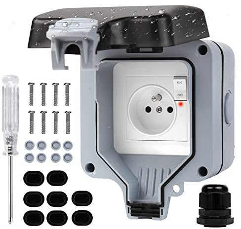 Prise Extérieure étanche Poussière avec Interrupteur et Témoin Lumineux, IP66 Extérieur Prise Murale Double Interrupteur Avec Couvercle Clapet pour Jardin - FR Prise Norme (Prise Single)