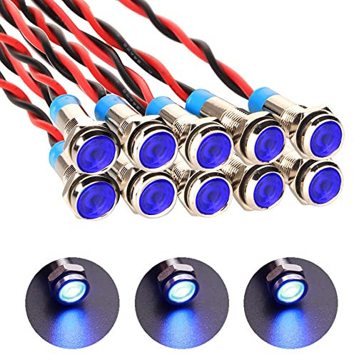 Gebildet 10pcs 6mm 1/4 AC/DC 12-24V LED Metal Indicator Light Waterproof Signal Lamp Pilot Dash Directional Car Truck Boat with Wire(Blue)