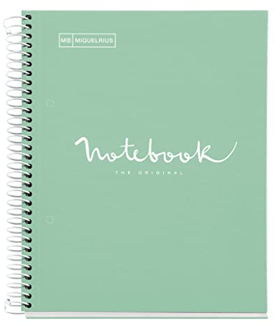 Miquelrius - Notizbuch A5 Notebook, 1 farbiger Streifen, 80 Blatt mit horizontalem Lineatur 7 mm, Papier 90 g/m² mikroperforiert mit 2 Bohrungen für 2 Ringe, Einband aus Karton, Farbe Mintgrün