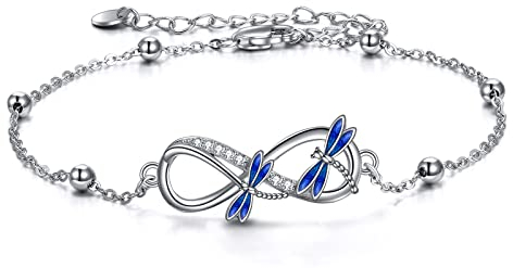 POPLYKE Libelle Armband Sterling Silber Unendlichkeit Libelle Perlenverziert Armbänder Süßes Tier Schmuck Geburtstag Geschenk für Frauen