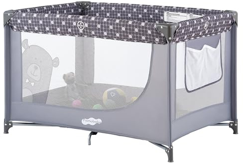 Pamo Babe Compact Pack and Play - Portable Crib for Baby, Lightweight Foldable Travel Playard with Mattress Pad & Carry Bag, Safe Breathable Travel Bed for Home, Trips & Family Visits, Cute Pattern
