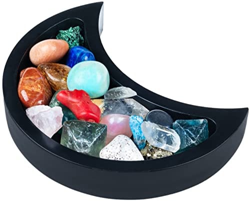 Curawood Vassoio a mezzaluna per cristalli, per mostrare i tuoi cristalli e pietre curative, supporto in legno nero da 15 cm per esporre pietre, vassoio di cristallo per riporre pietre, espositore per