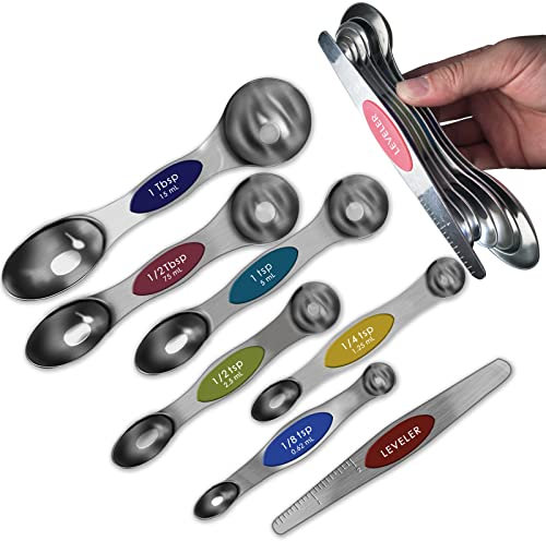 7 PCS Measuring Spoons Stainless Steel with Leveler(Magnetic ), Measuring Spoons Set Metal Stackable for Baking, Spoon Kitchen Utensils Gadgets for Dry or Liquid Food, Fits in Spice Jars