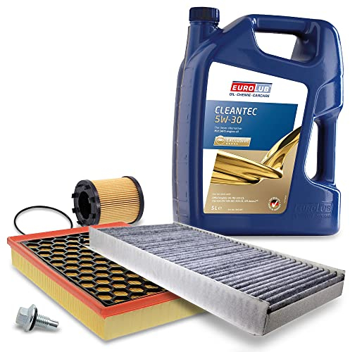 BESTPRICE Inspektionspaket Filterset mit 1x Ölfilter; 1x Luftfilter; 1x Innenraumfilter (Aktivkohle); 1x Ölablassschraube mit Dichtring; 1x Motoröl 5W-30 EUROLUB 5 l