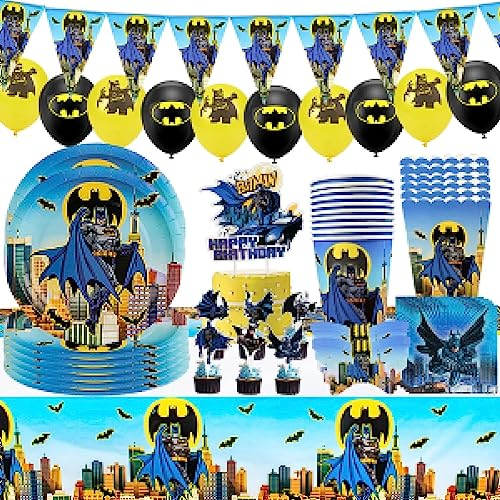 FGen Bats Anniversaire Vaisselle - 93 PCS Superhéros pour 10 Invités - Ballon, Assiette, Tasse, Serviette