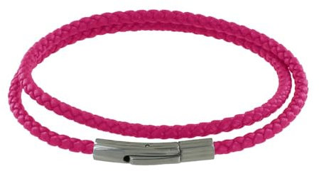 LES POULETTES BIJOUX - Bracciale Uomo Doppio Giro Cuoio Intrecciaro Tondo Per Polso da 19cm - Fucsia
