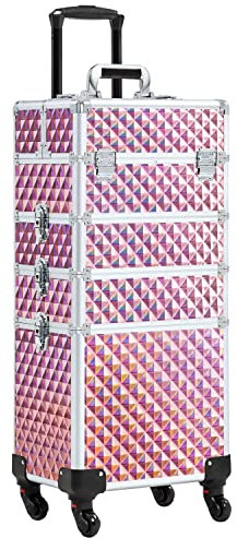 Abician Grande Valise de Maquillage 4 en 1 Mallette Maquillage Professionnelle Beauty Case pour Voyage 4 roulettes Cadre Aluminium Poignée Télescopique Serrures 34× 25,5 × 80,2 cm Rose pailleté