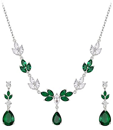EVER FAITH Hochzeits Schmuck-Set für die Braut Weiß Marquise CZ Elfenbein künstliche Perle V-Form Blume Halskette Ohrringe Set AWeißvergoldet Grün