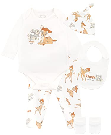 Disney Baby Mädchen Bambi Bodysuit mit Hut und Latz Outfit 5-teiliges Set Weiß 80