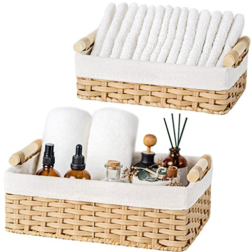 GRANNY SAYS Wicker Storage Baskets, Pack of 2 Wicker Baskets for Storage, Handwoven Wicker Basket Storage for Organising, Small Wicker Baskets with Handles, Waterproof Wicker Storage Boxes, Yellow