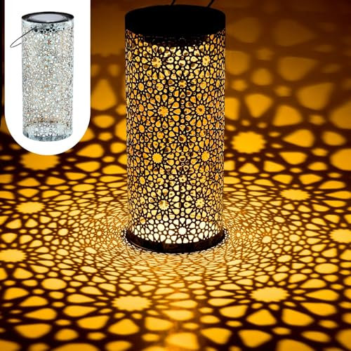 Marrakesch Solarlaterne für außen mit Henkel aus Metall 30cm Groß | Orientalische Outdoor Solar LED Laterne Noum Grün IP65 Wasserdicht als Gartendeko Deko