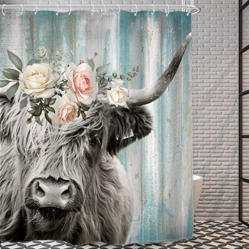AMBZEK Highland Cow Duschvorhang 152x183 cm (BxL), rustikaler Bauernhaus-Stier mit Girlande, westliche Holzplanken, ländliches Blumenmuster, Stoff, Polyester, Badezimmer-Dekor-Set mit 12 Haken