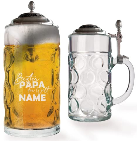 GRAVURMACHER® Bierkrug mit Gravur und Zinndeckel - Bierseidel Isar 0,5l mit Zinndeckel - Bierkrug als Vatertagsgeschenks - Geburtstagsgeschenk für Mann (Vatertag Motiv 05)