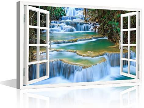 Grande cascata da parete con vista sulla finestra, decorazione da parete con montagna verde, decorazione moderna per la casa per camera da letto, stampa su tela, poster con città, decorazione per la