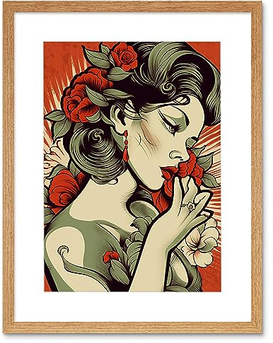 Artery8 Femme Fatale Roses Pin Up Rockabilly Americana 50s Artwork Framed Wall Art Print 12X16 Inch