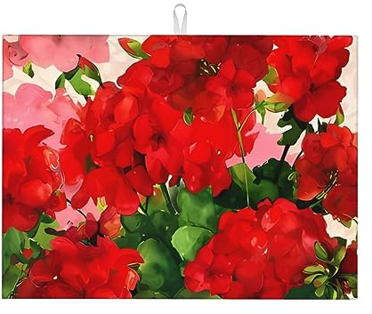 Abtropfmatte mit rotem Geranien-Druck, saugfähig, hitzebeständig, Abtropfmatten für Küchentheke, 46 cm x 21 cm