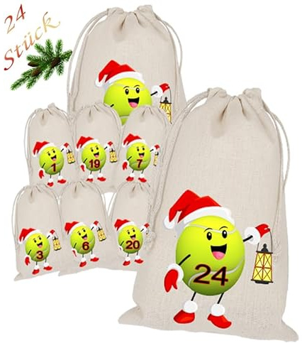 Adventskalender zum Befüllen, 24 Stoffbeutel, Bedruckt 20x15 Groß,Tennis Ball, Nikolaus, Weihnachten Geschenksäckchen, Säckchen, DIY Selber Befüllen, Weihnachtskalender