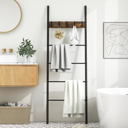 COSTWAY Porta Asciugamani a 5 Livelli, Porta Coperte a Scala Appoggiata al Muro, con 5 Ganci Rimovibili, Scaffale di Esposizione per Bagno, Soggiorno, 60 x 3,2 x 179