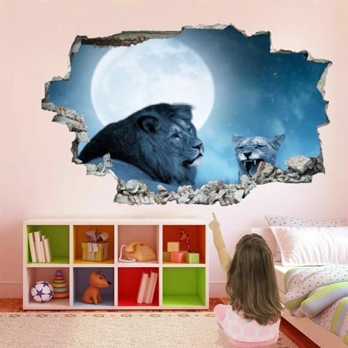 3D Wandtattoo Wanddurchbruch, Löwe Und Leopard Durchbruch Wandaufkleber für Kinderzimmer, sticker für Wohnzimmer, Mond Vinyl Wandsticker, Wandbild Junge Mädchen Schlafzimmer 110x70cm