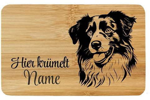 Frühstücksbrett Brettchen Bambus Holz Lasergravur Hund Australian Shepherd Personalisiert Wunschname