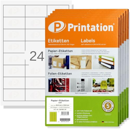 Printation Etiketten 64,3 x 33,8 mm weiß bedruckbar - 12000 Adressetiketten selbstklebend 64,3x33,8 500 DIN A4 Bogen BigPack 3x8-24 Sticker pro Blatt - Klebeetiketten/Adressetiketten 3658 Amazon FBA