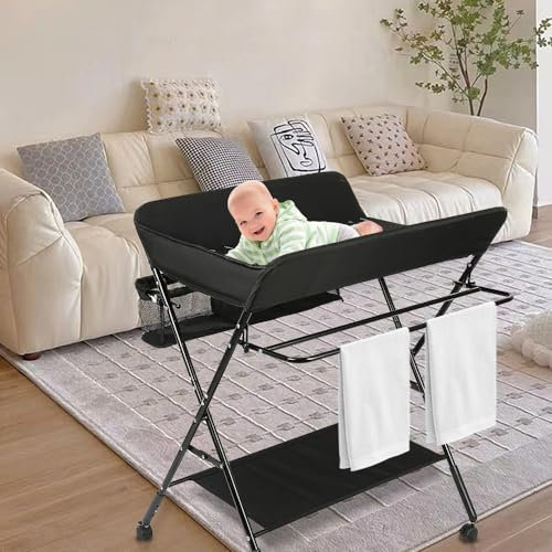 Supfine Wickeltisch Klappbar für Neugeborene mit Aufbewahrungskorb und Sicherheitsgurt - Faltbarer und tragbarer Wickelkommode auf Rollen, Ergonomisch - Höhenverstellbar in 3 Positionen (Schwarz)