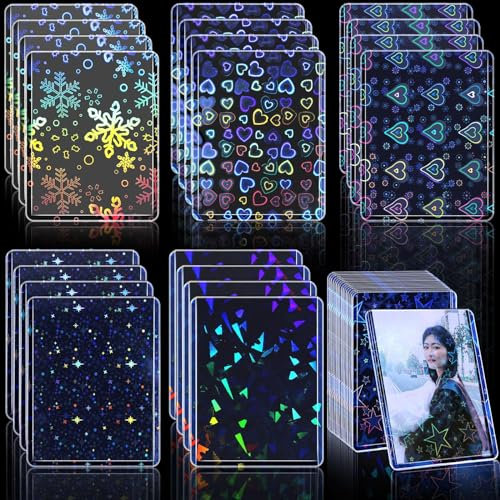 24 Pcs Hard Plastic Photocard Sleeves Top Loaders Idol Photo Card Sleeves 97x77mm Laser Flashing Holographic Trading Card Protector for Baseball Football Sport Game