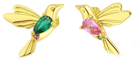 Einzelstück® Dove Ohrstecker I Mit Zirkonia Steinen pink & grün/blau & lila I Silber Ohrringe I 925 Sterling Silber 14K vergoldet I Handgefertigtes Unikat I Antiallergen & nickelfrei