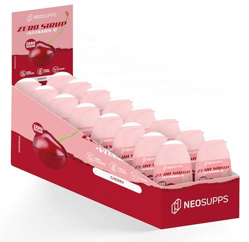 Neosupps Zero Sirup - Cherry Geschmack - 65 ml natürlicher Getränkesirup mit Vitamin C, 1x Flasche ergibt 8 L Fertiggetränk, 16er Box Fertiggetränk