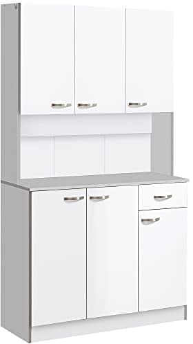 HOMCOM Küchenschrank, Hochschrank mit Schubladen, verstellbaren Einlegeböden, Küchenbuffet mit Mikrowellenregal für Wohnzimmer, Esszimmer, 101 x 39 x 180 cm, Weiß
