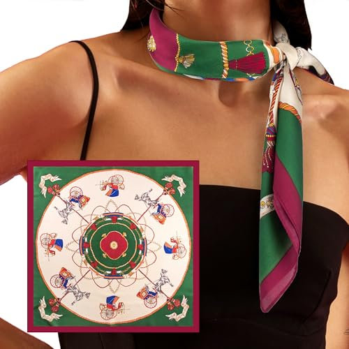 Wulcea Bandana Kopftuch Damen Hijab Halstuch Kopfbedeckung Sommer Kopftücher Tuch Haartuch Halstücher Tücher Nickituch Satin 70x70cm Quadratische Tierdruck Pferde Rot und Grün Geschenke für Frauen