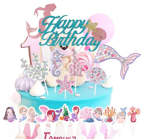 PAYFULLY 19 Stück Meerjungfrau Tortendeko Geburtstag Mädchen, Glitzer Meerjungfrau Torten Deko, Ocean Theme Kuchendekoration für Mädchen Party Geburtstag Party