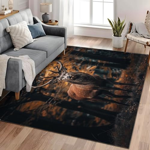 Generisch Waschbarer Teppich Wohnzimmer Waldtier Hirsch 60x90 cm Modern Teppich rutschfest, Kurzflor Weich Teppich für Schlafzimmer Esszimmer Büro Flur Kinderzimmer und Küche