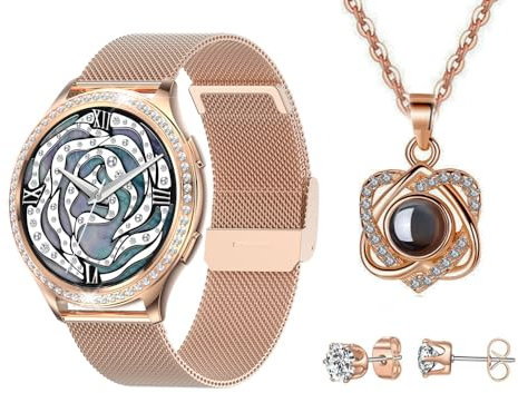 EKO ! Pack Élégance – Montre Connectée Hope avec Écran Tactile 1,32 et Suivi Santé + Parure Bijoux Étincelante – Compatible iOS/Android, Bluetooth 5.2 (Or Rose)