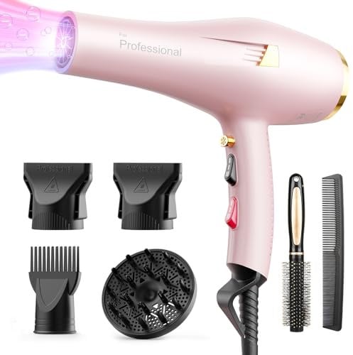 Dekuri Föhn Ionen, Profi Fön Haartrockner Hair Dryer Haarföhn mit 1 Diffusor 2 Stylingdüse, 3 Heiz und 2 Geschwindigkeitsstufen, 2,5 Meter langes Netzkabel, Starker Fön für Familie, Zartrosa