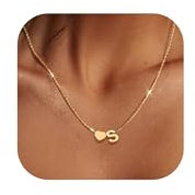 LOLIAS Gold Initial Necklace Heart Name Pendant for Women - Stainless Steel Personalised Jewelry With Tiny Letter - Girls Gifts