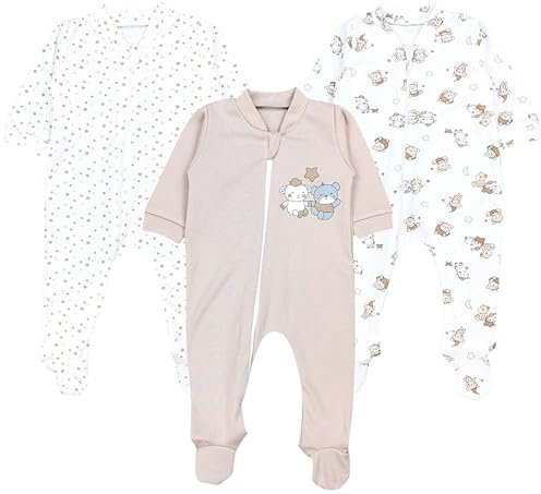 TupTam Unisex Schlafstrampler 3er Pack Baumwolle mit Reißverschluss, Farbe: Bärchen Sterne Beige, Größe: 80