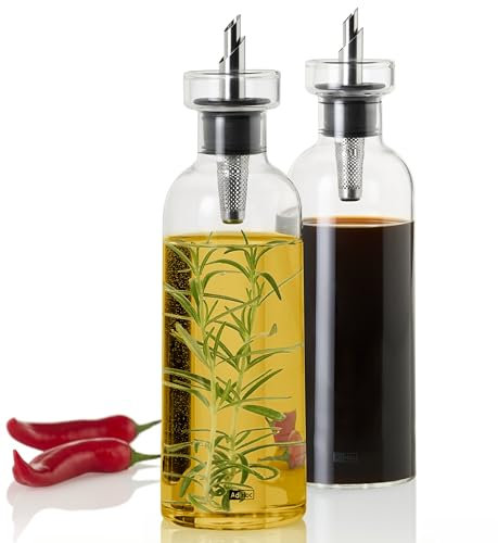 AdHoc BZ82 Set Ölspender oder Essigspender AromaPour aus Glas | elegante Olivenölflasche mit Ausgießer aus Edelstahl | ideal auch für Kürbiskern-Öl oder Essig | luftdicht, 500 ml