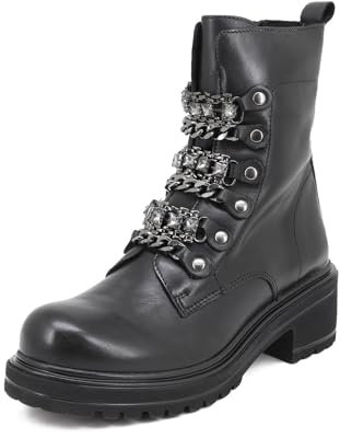 QUEEN HELENA Anfibi in Vera Pelle Stivaletti Bassi con Strass Casual Donna QH21_S2358 (Nero, Sistema Taglie Calzature EU, Adulto, Donna, Numero, Media, 38)