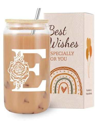 VivaJoy A-Z Initial Personalised Birthday Gifts for Women - Monogrammed Gifts for Women,Initial Letter E,Glass Cups with Lids Straws, Funny Christmas or Birthday Gifts for Her,Mum,Friend,Sister