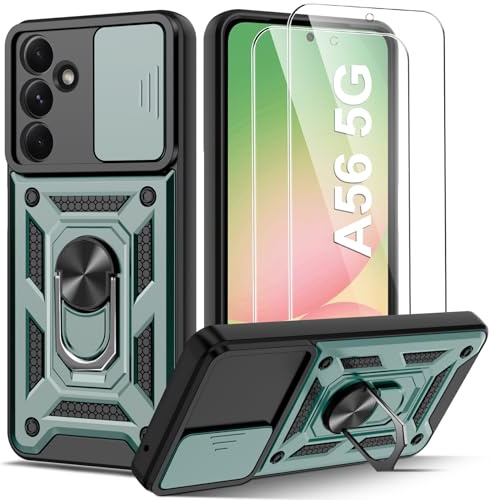 Guisessy Coque Compatible avec Samsung Galaxy A56 5G avec 2 Verre Trempé, Lentille Coulissante Couverture, Support 360° Rotatif Militaire PC Dur Renforcée Armor Antichoc Bumper Housse Etui - Vert