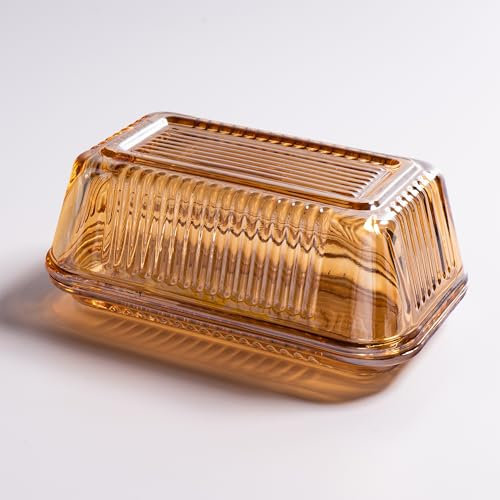 Champagne Color Glass Butter Dish with Lid for Kitchen Countertop,Covered Butter Stick Holder Tray,Crystal Glass Butter Storage Container