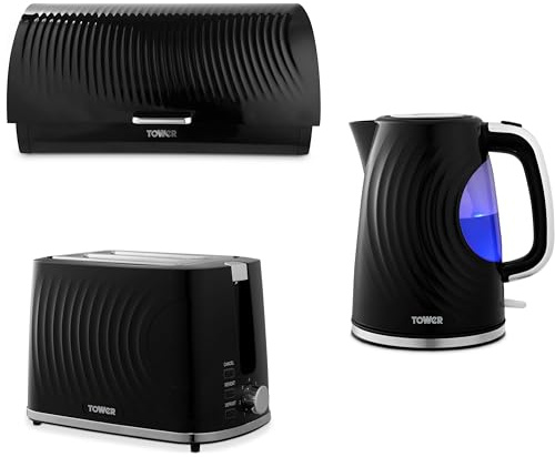 Tower Sonar Black 1.7L 3KW Kettle, 2 Slice Toaster and Bread Bin. Stylish Matching Kitchen Set in Black, Embossed with a Beautiful Ripple Design