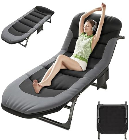 Faltbare Sonnenliege, Garten Sonnenliegen, 6-fach Verstellbares Campingbett, Klapp-Sonnenliege mit Kissen und Matratze, Angelbett Stuhl Perfekt für Camping Outdoor (1, Schwarz, 190 x 65 x 30 cm)